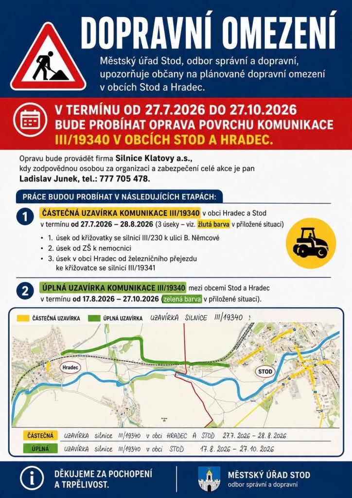 Dopravní omezení mezi Hradcem a&nbsp;Stodem.